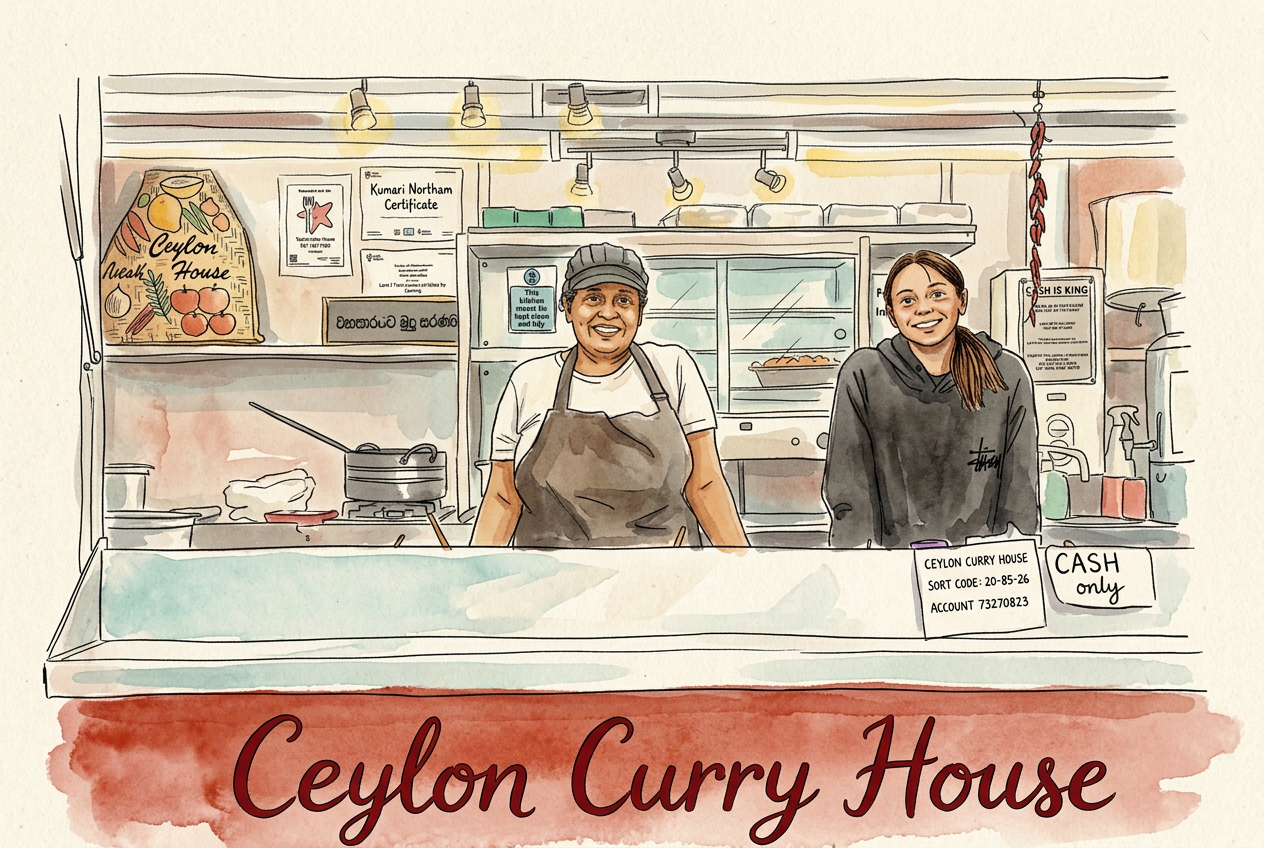 Hand-drawn watercolour sketch of Kumari and her assistant at the Ceylon Curry House hatch