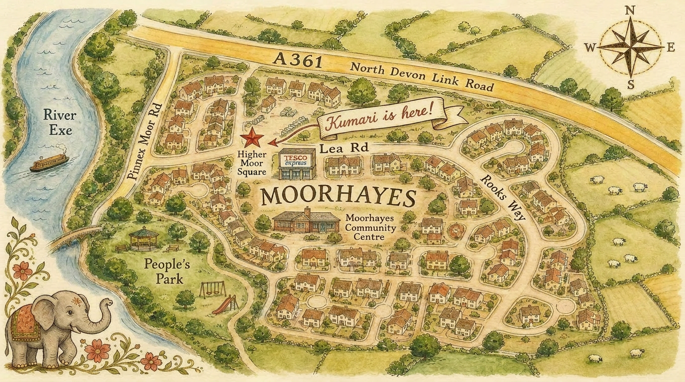 Hand-drawn watercolour map of Moorhayes, Tiverton showing Kumari's pitch at Higher Moor Square on Lea Road, next to Tesco Express